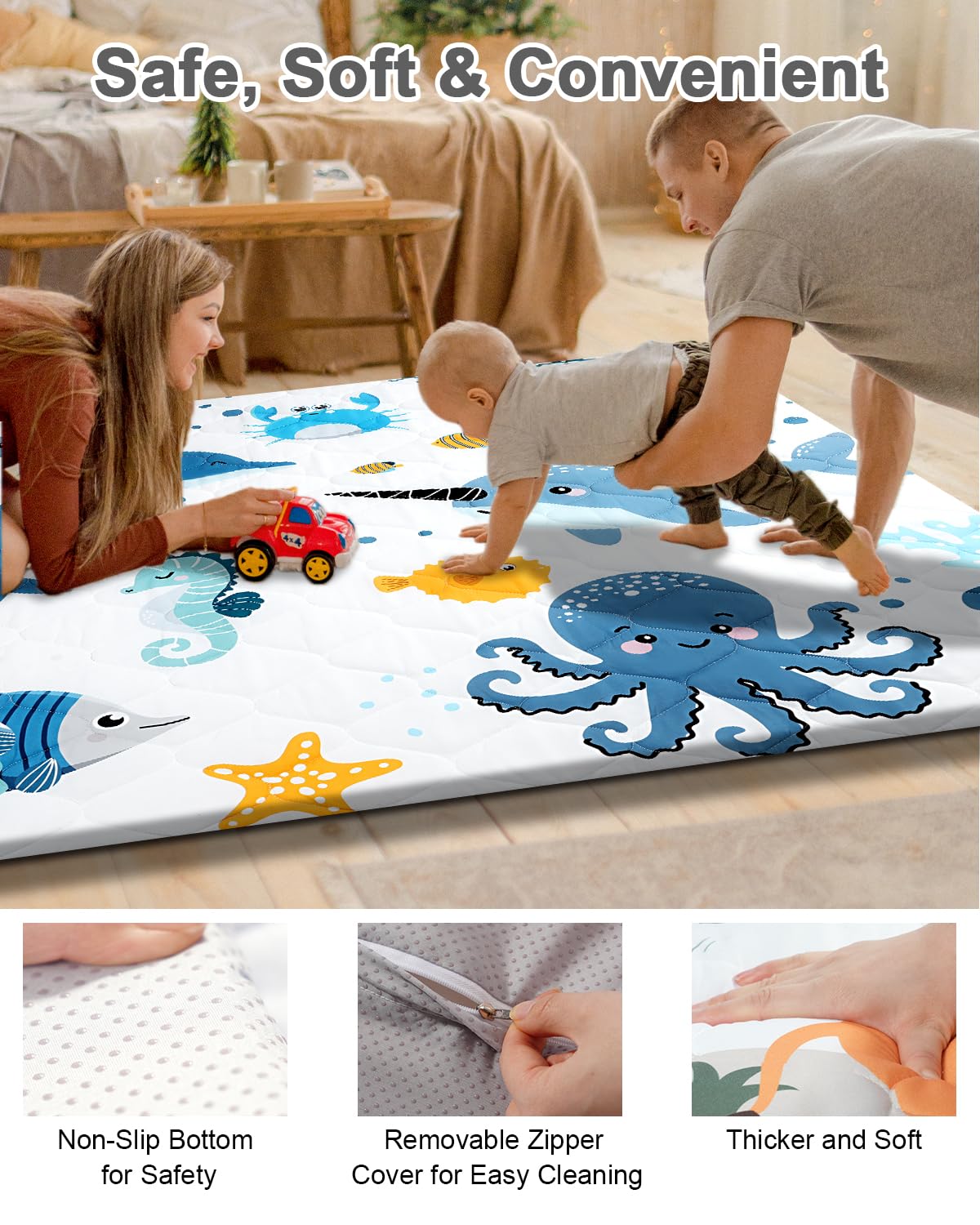 Premium Foam Baby Play Mat 71x59 – Removable & Machine Washable Cover, Extra Thick Padding Playpen Mat, Non-Slip Crawling Mat, Easy to Clean for Infants, Toddlers & Babies