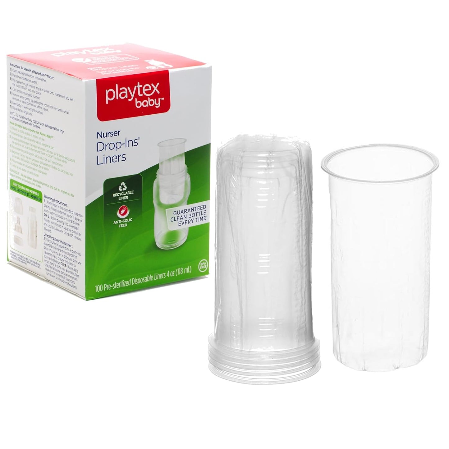 Playtex Baby Nurser Pre-Sterilized Disposable Drop-Ins Baby Bottle Liners, 4 Oz (100 Count), Anti-Colic, Gas Reduction, Easy to Clean, Closer to Breastfeeding, Perfect for Travel and On The Go
