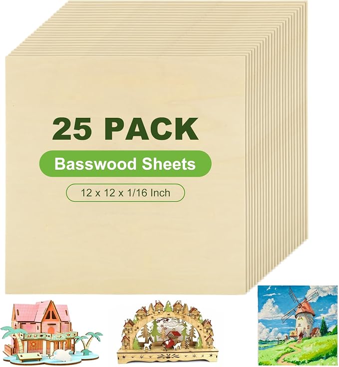25Pcs 12 x 12 x 1/16 Inch Basswood Sheets, 1.5mm Unfinished Basswood Sheets