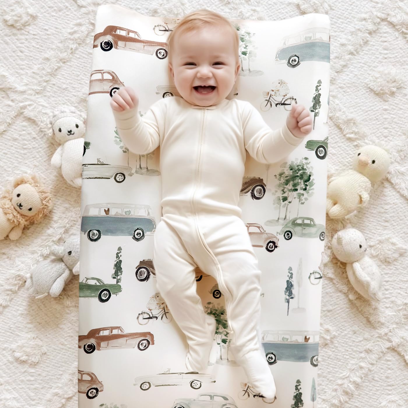 GRSSDER Stretchy Ultra Soft Jersey Knit Changing Pad Cover Set 2 Pack, Change Table Pad Covers Fit 32"/34" x 16" Pads Safe and Snug, Pretty Diaper Changing Pad Covers of Car Print