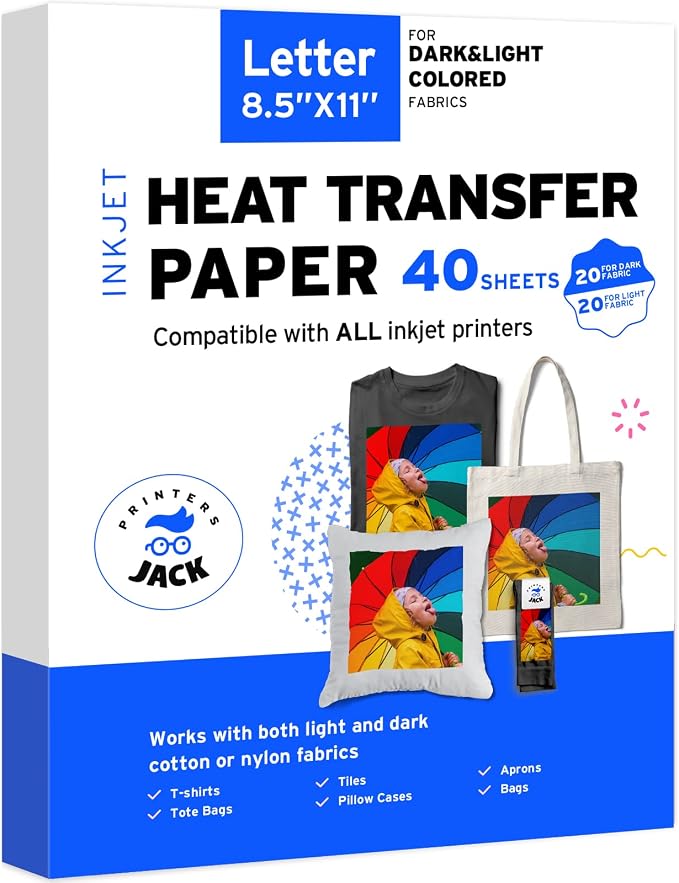 Printers Jack Iron-On Heat Transfer Paper Dark & Light Bundle, 20