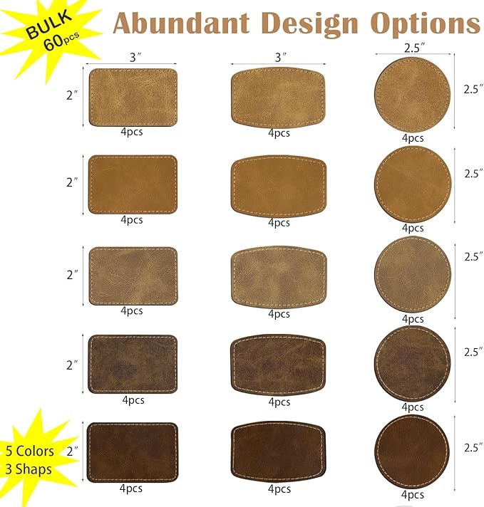 60pcs Blank Patches for Laser Engraving & Iron On | PU Leather Repair Patches |