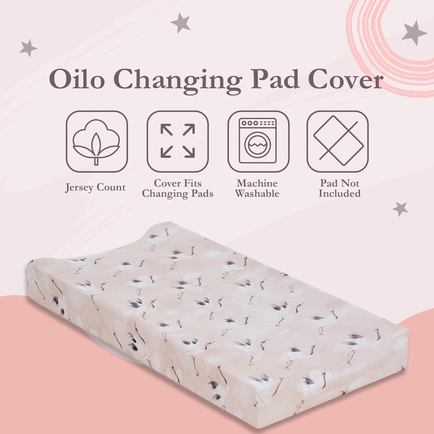 Oilo Changing Pad Cover, Breathable 100% Turkish Cotton Fitted Jersey, 300 Thread Count, Machine Washable, Fits Standard Changing Pads (32" x 16"), Girl, Boy, & Neutral Nursery Design, Pink Crane