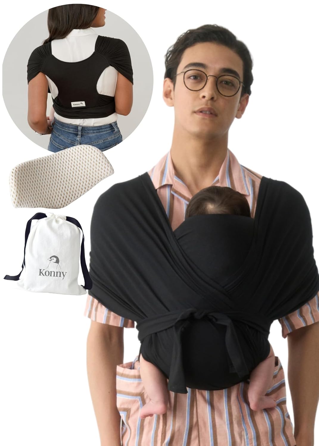 Konny Baby Carrier Flex SoftBreeze with Head Support - Adjustable, Easy to Wear Baby Wrap Sling, Perfect for Newborn Babies Essentials up to 44 lbs (XS-XL) - Black