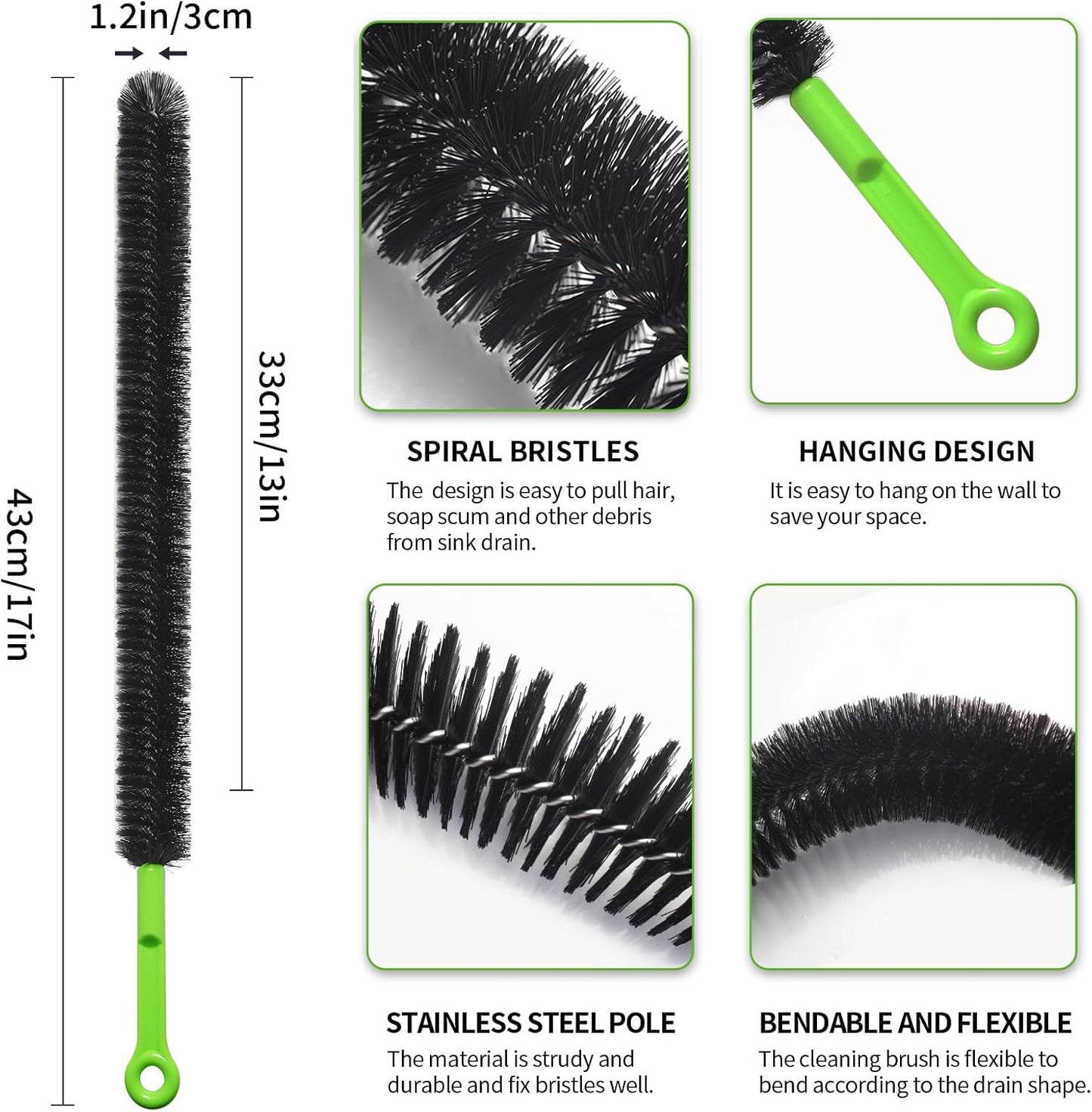 2 Pcs 17” Flexible Sink Drain Cleaner Brush Long Pipe Cleaner Brush for Cleaning Home Kitchen Sink Buthtub Snake Tube Hair Drain Clog Remover Brush for Shower and Tub Hair Clogs Bendable Sewer Drain