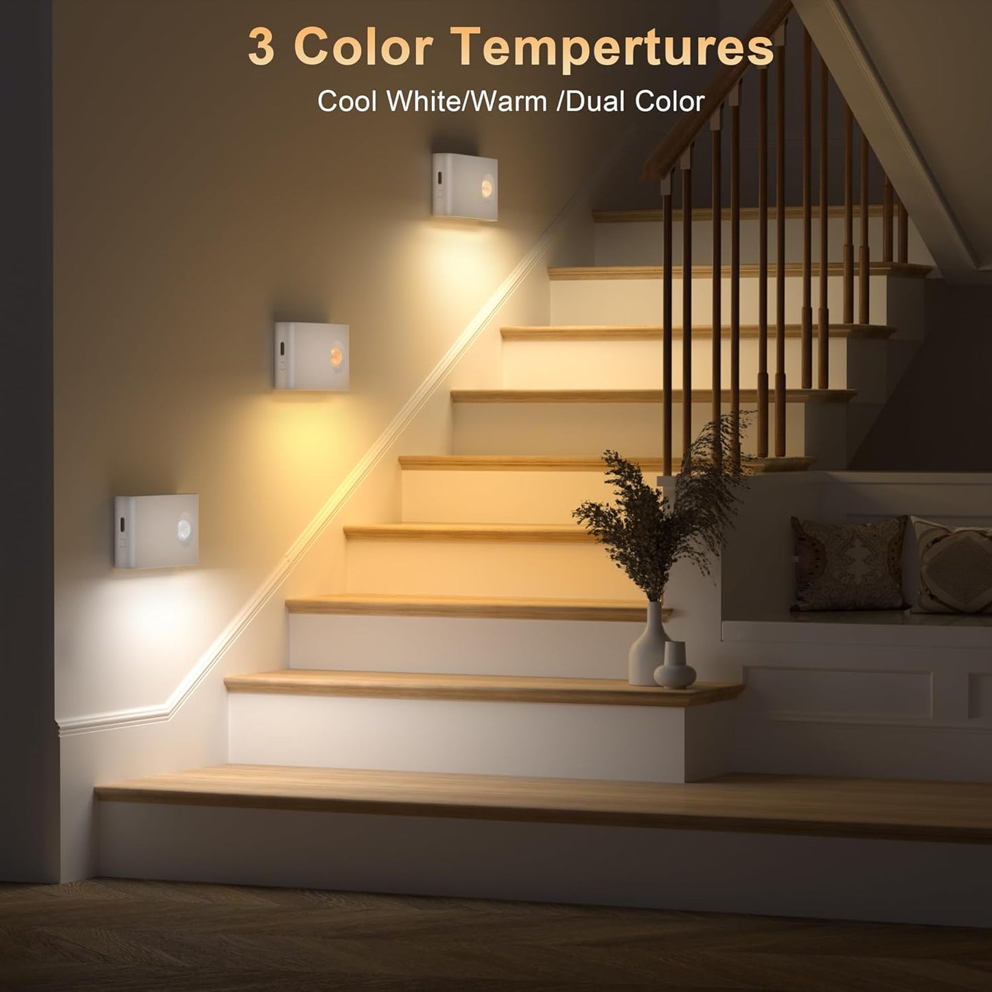 YiaMia Stair Lights Motion Sensor Indoor, 3-Pack Rechargeable Night Lights with Adjustable Brightness, Wireless Under Cabinet Lighting for Stairs, Bathroom, Bedroom