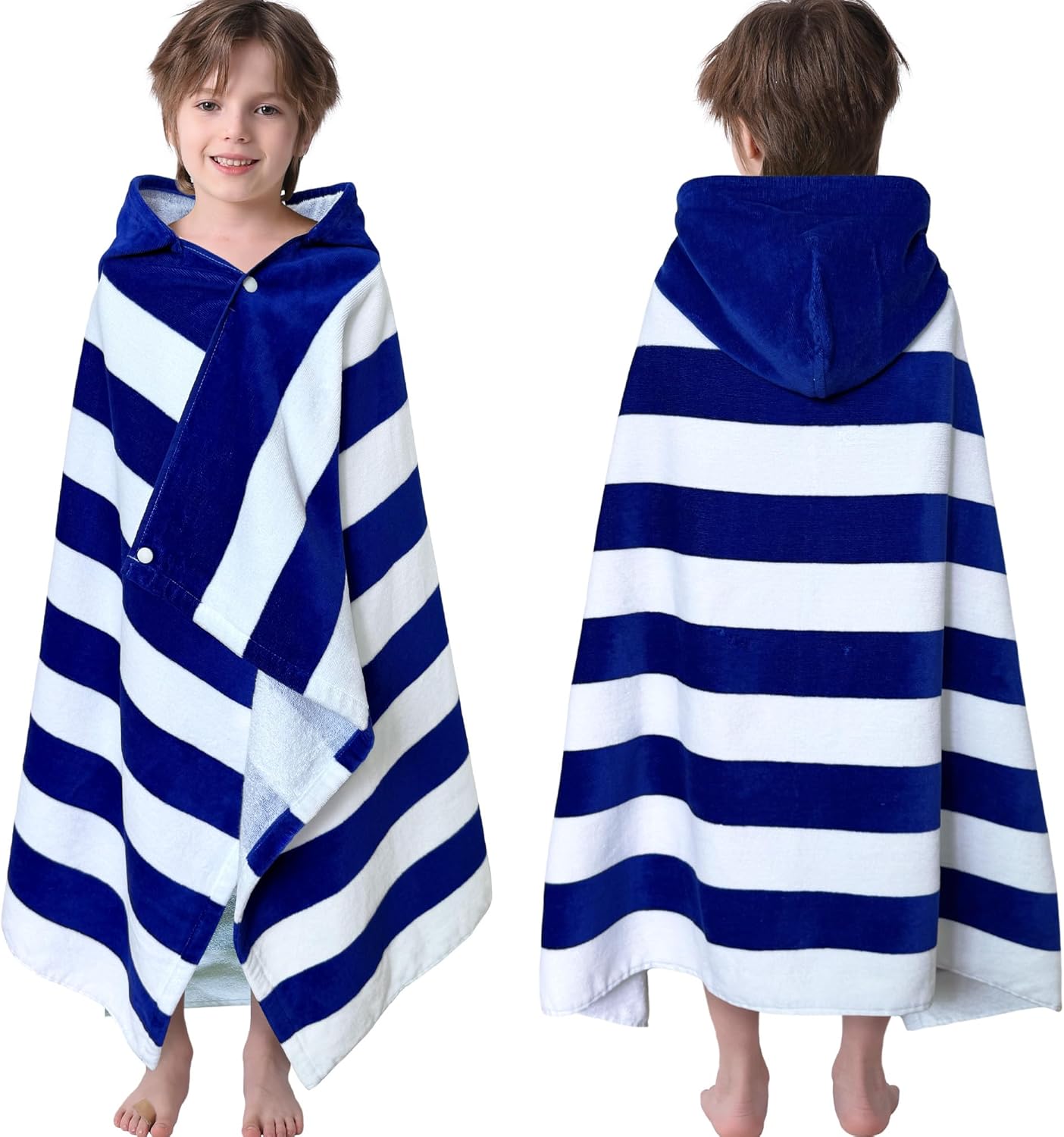 VOOVA & MOVAS Kids Beach Towel Wrap with Hood (3-10 Years, 30''x50'') - 100% Cotton Soft Absorbent Towel for Boys, Pool, Bath, Swimming & Beach - Blue Cabana Stripe Design