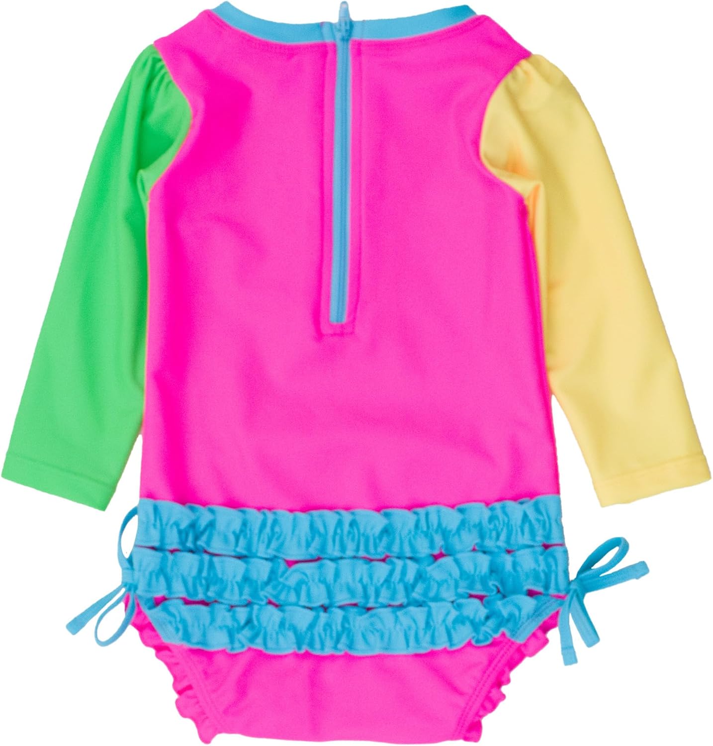 RuffleButts Baby Girls UPF 50+ Sun Protection Novelty Print Long Sleeve One Piece Rash Guard Swimsuit with Zipper