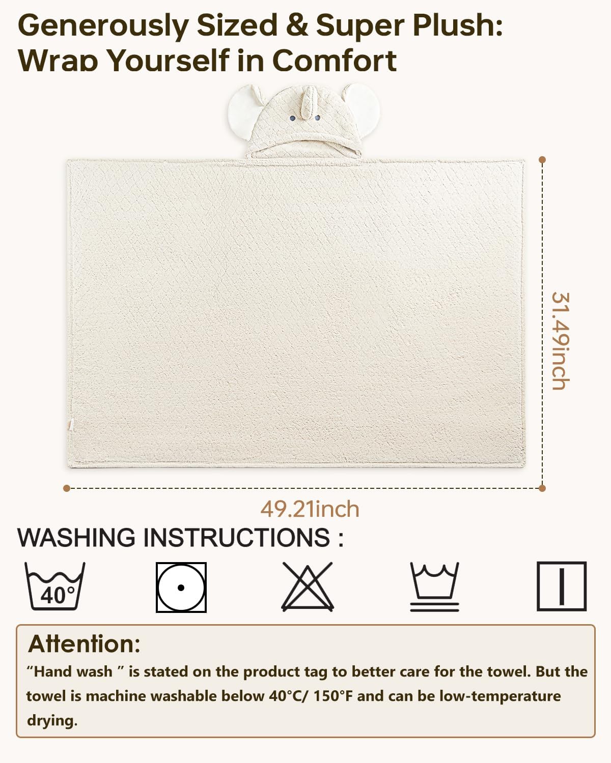 Hooded Baby Towels Super Absorbent Baby Bath Towel for Winter– Extra Large 49”x31” – Ultra Soft Coral Fleece for Newborns, Infants & Toddlers – Cute Elephant Design – Quick-Drying
