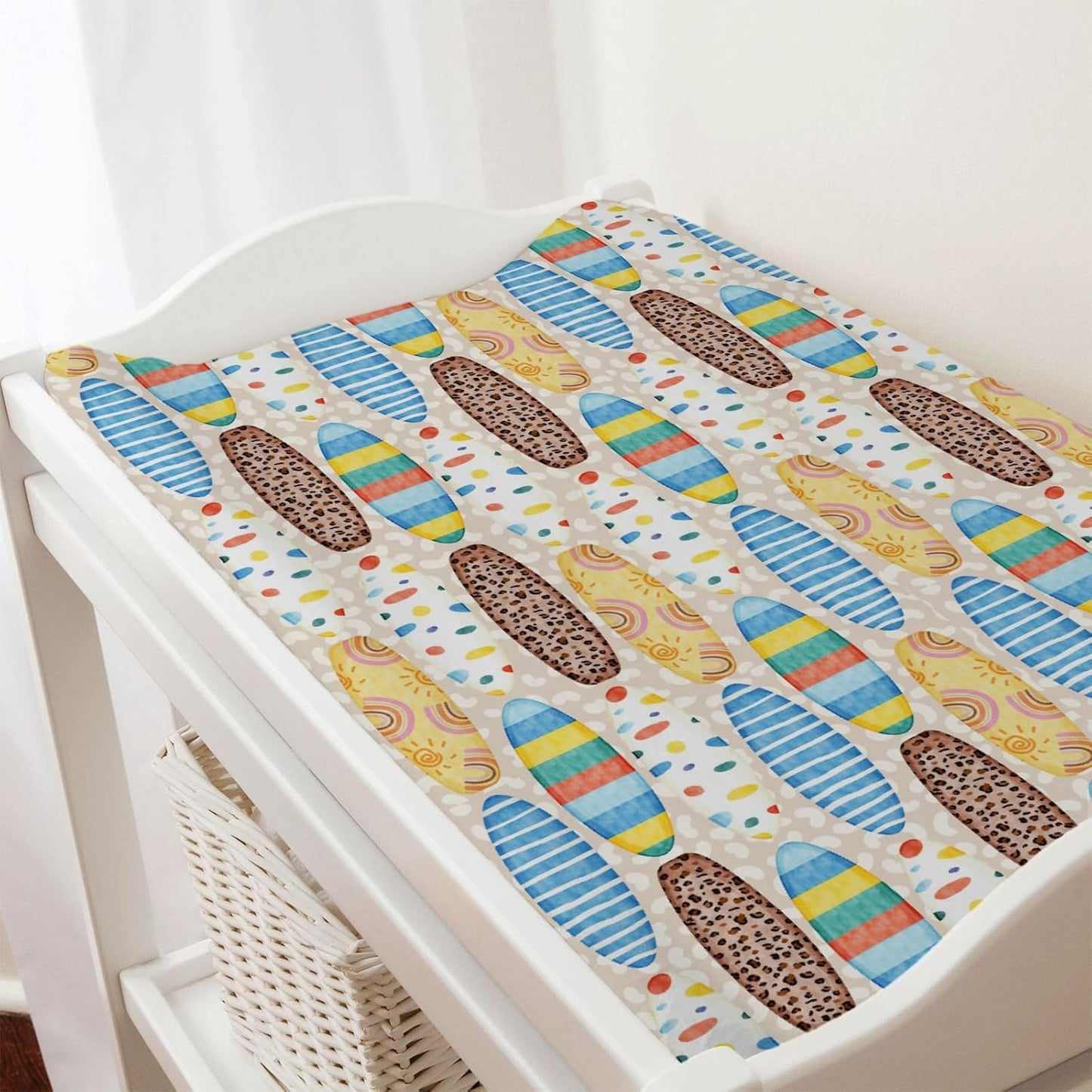 Boho Surfboard Baby Changing Pad Cover Sheets for Baby Boy Girl 32''x16'' Beach Surfing Unisex Fitted Diaper Changing Table Sheets Colorful Surfboard Comfort Soft Breathable Baby Changing Table Mats