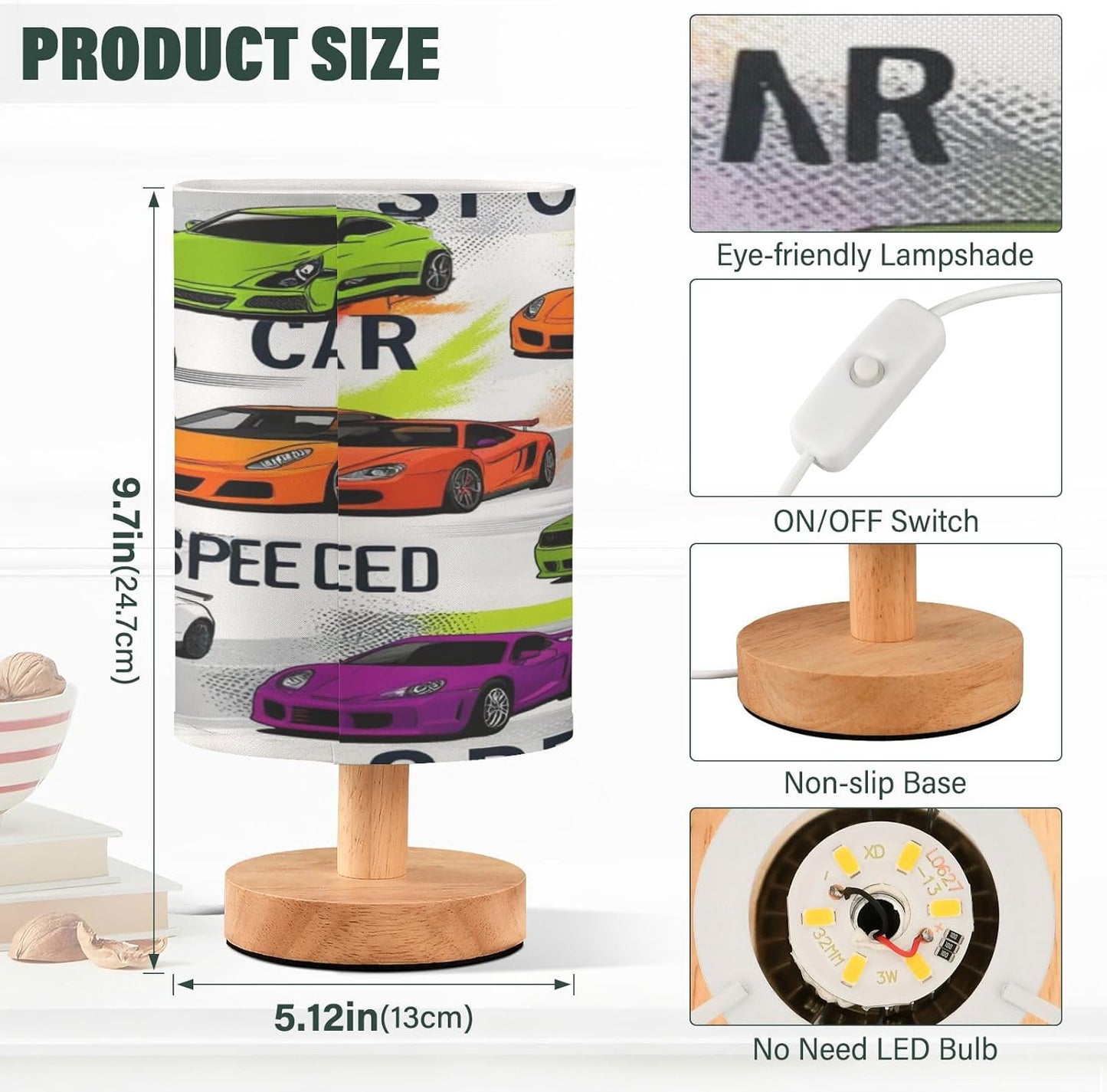 Color Sports Race Car Table Lamp for Bedroom Bedside Lamp Desk Lamps Cylinder Nightstand Lamp for Living Room Office Decor