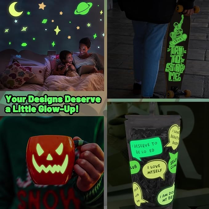 TECKWRAP Glow in Dark Matte Neon Adhesive Craft Vinyl Precut Sheets 12" x 12" 6