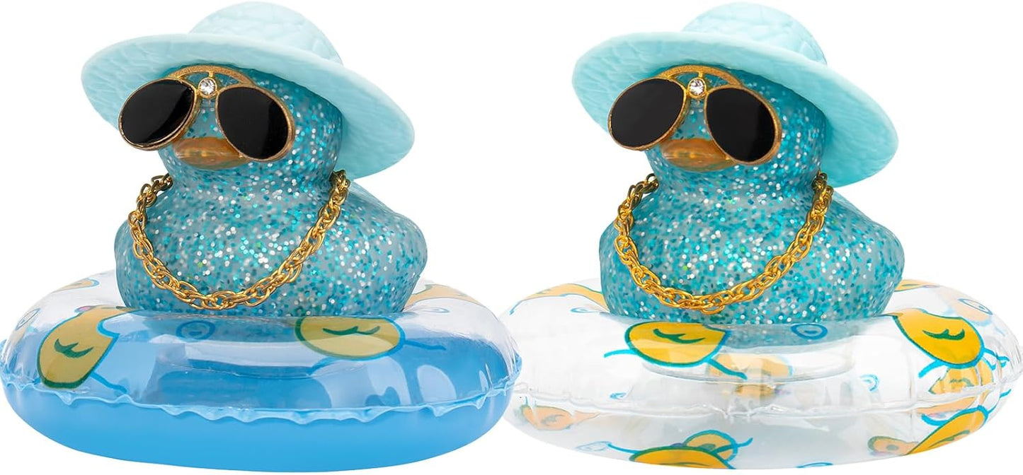 wonuu 2Pcs Car Dashboard Decorations Color Ducks, Rubber Duck for Car Ornament Accessories with Mini Hat Sunglasses Necklace and Swim Ring, B_Blue Duck+Blue Sun Hat&Blue Sun Hat
