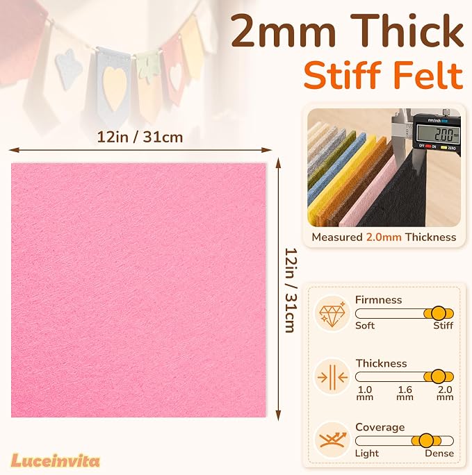 2mm Stiff Felt Sheets 12" X 12" | Thick Polyester Felt Material, DIY Craft