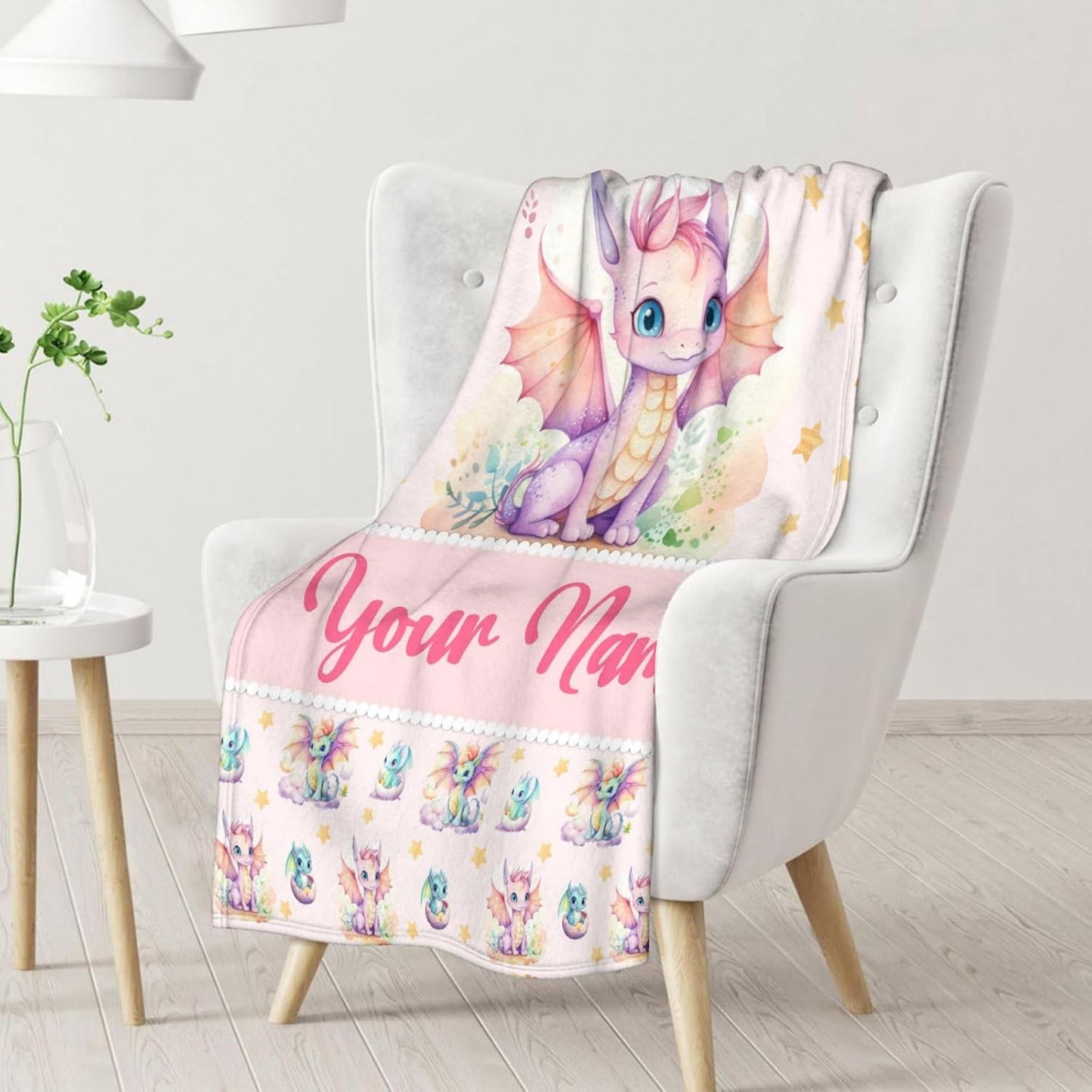 Custom Dragon Blanket Gifts with Name - 60x80 Inches Cute Throw Blanket for Babies, Kids, Boys & Girls - Pink Soft Fuzzy Blankets for Couch, Sofa & Bed