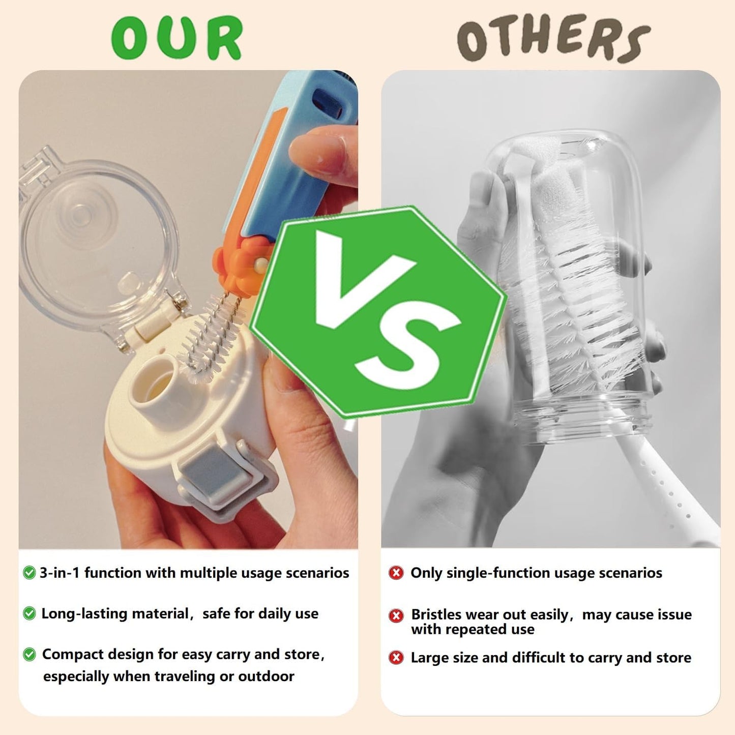 3-Pack Cleaning Brushes - Deep Clean Bottle Necks, Straws & Cup Lids, 3-in-1 Tight Space Scrubber for Water Bottles, Travel Mugs, Home Kitchen&Office. Dishwasher Safe