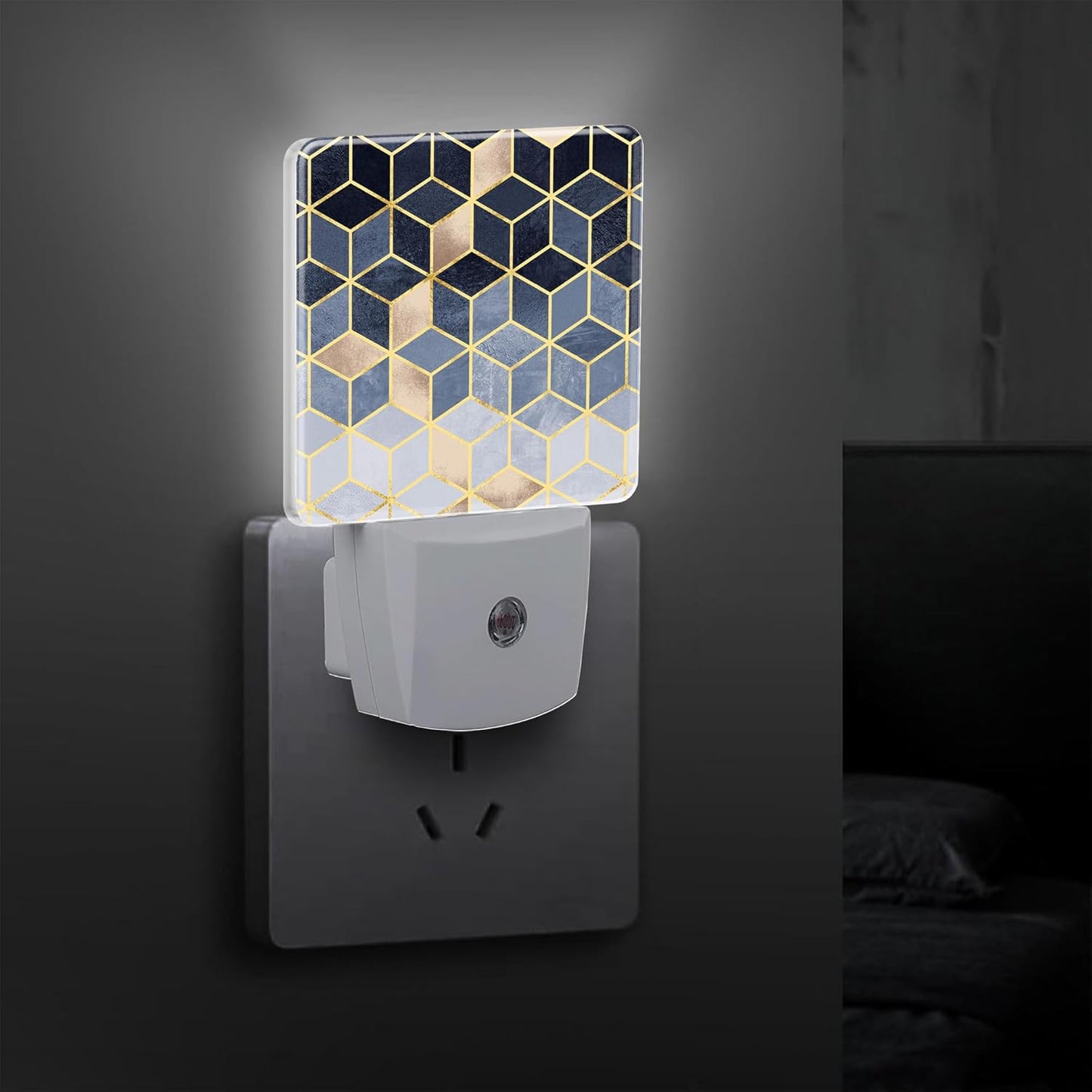 Blue Gradient Cubes Plug in Night Light with Auto Dusk to Dawn Sensor,Abstract Night Lights for Boys Girls Bedroom Bathroom Hallway Kids Room Gifts