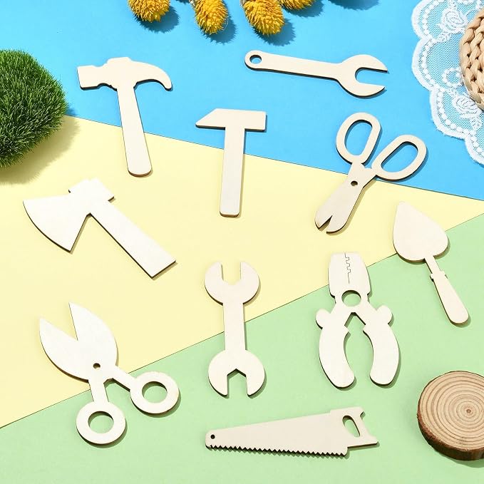 KitBeads 50pcs Random Wood Hammer Cutout Unfinished Scissor Wrench Wooden