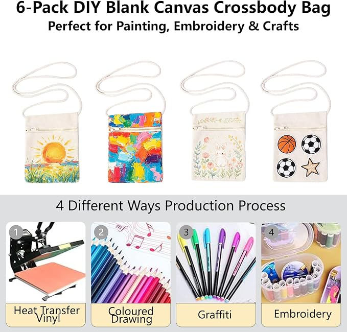 6Pcs 13x17cm Blank Canvas Crossbody Bag, Bulk Mini Zipper Shoulder Bags