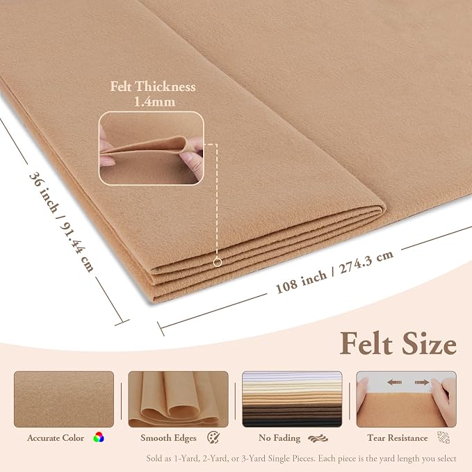 Tan Felt Fabric Sheet 108" X 36", 1.4mm Thick Large Soft Durable Flexible Craft