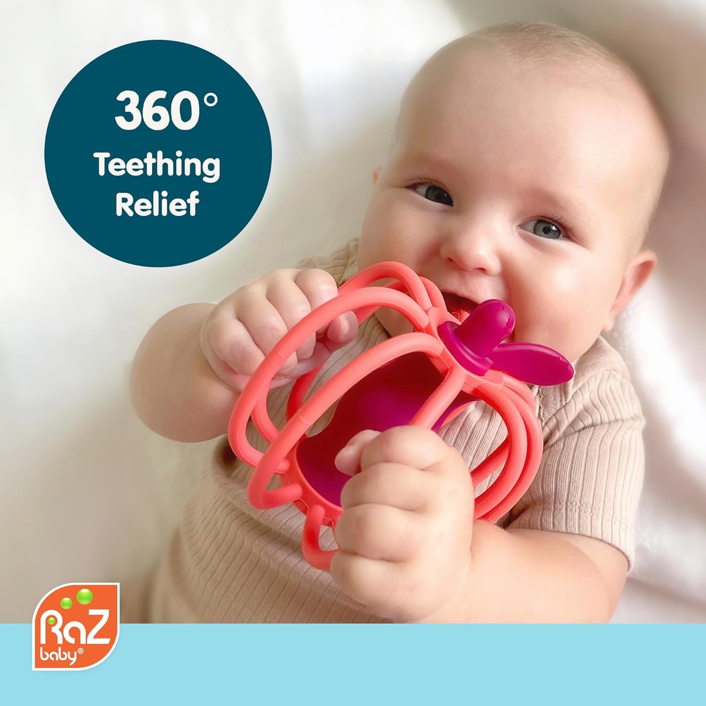 RaZbaby RaZ-Pear Silicone Teether & Rattle Toy – Soft, Flexible & Easy to Hold, Soothing Sounds for Entertainment, Textured for Teething Relief, Nipple-Shaped Stem for Comfort – BPA-Free, 3M+