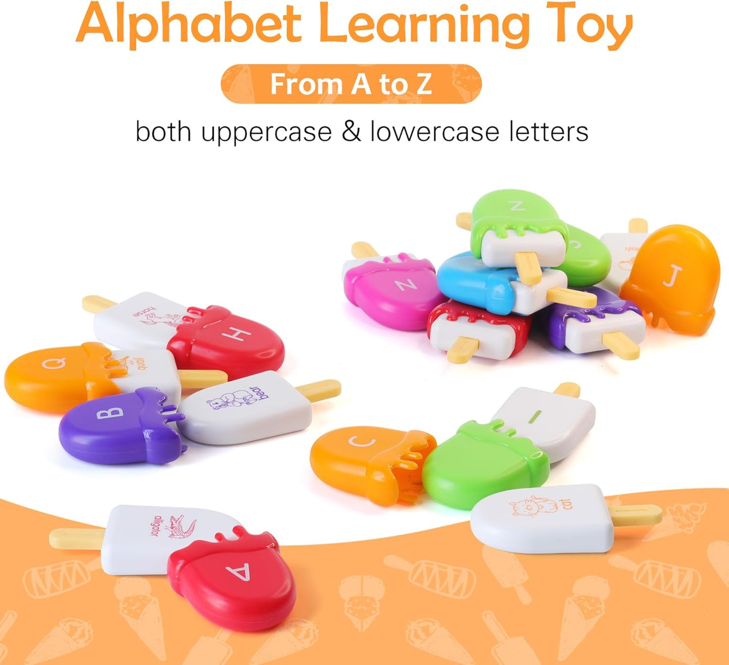 USATDD ABC Alphabet Learning Toys Alphabet Popsicles Animal Matching Toy Uppercase Lowercase Preschool Learning Activities Montessori Toys for Kids Ages 3+, 52 Pcs