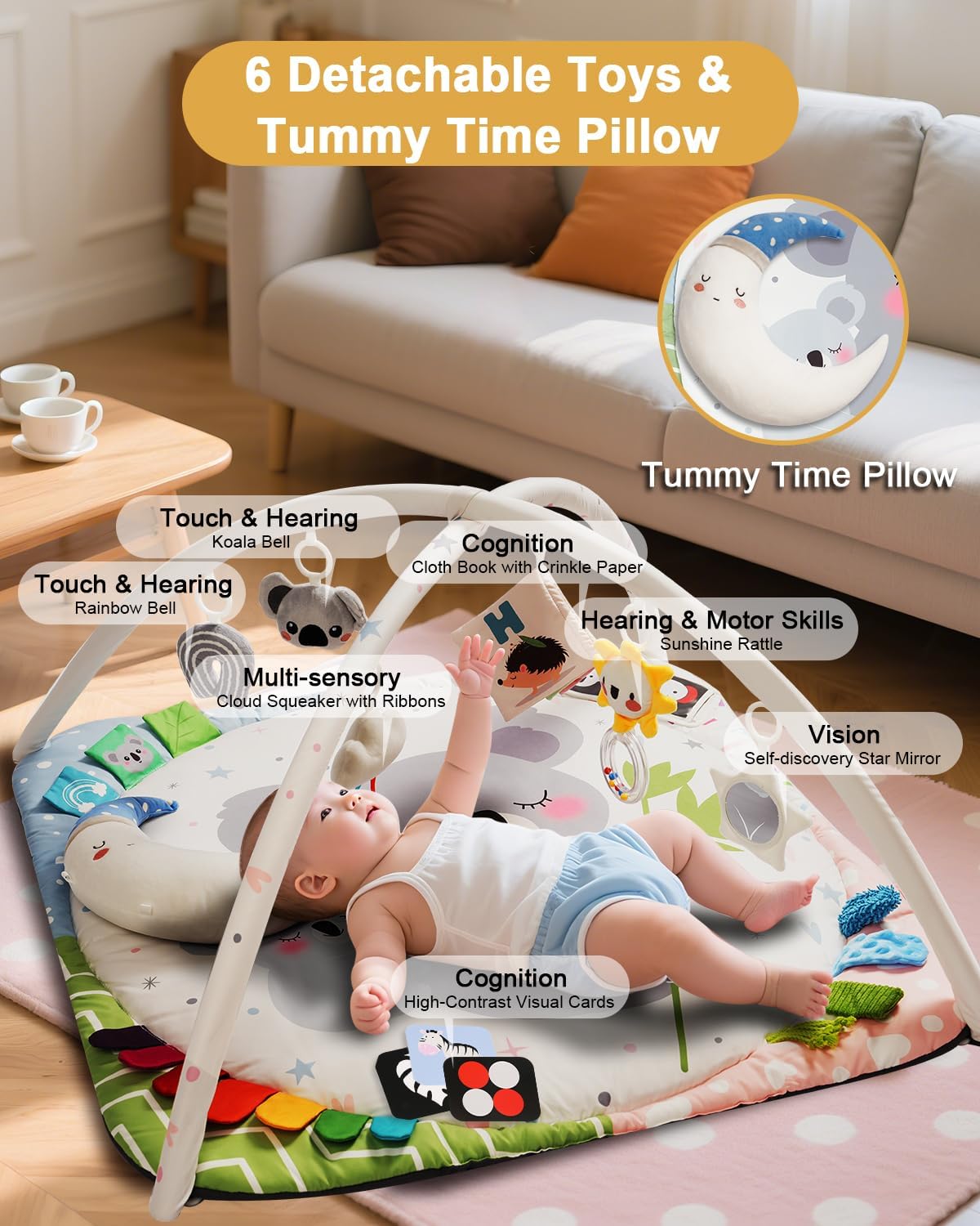 Baby Play Gym with 4 Developmental Zones – Tummy Time Mat & Activity Mat with 6 Sensory Toys, Visual Cards & Pillow – Baby Essentials & Ideal Gift for Newborns