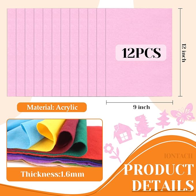 IONTACH 9" X 12" Felt Fabric Sheets 1.6mm Thick | Soft Felt