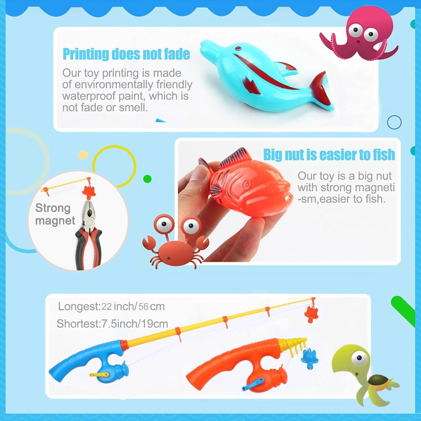 Magnetic Fishing Game 45 PC Ocean Sea Floating Fish Colorful Animals with Net Portable Storage Bag | Kiddie Pool Bathtub Game for Age 3 4 5 6 Year Kids Toddler(XX-Large Set)
