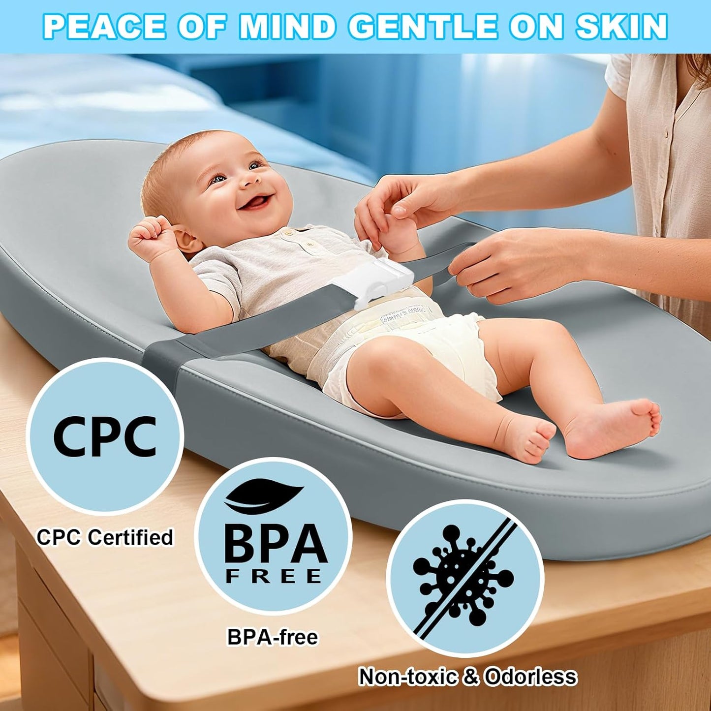 Baby Diaper Changing Pad, Wipeable Baby Changing Pad for Dresser, Contoured Waterproof Changing Pad with PU Cover, Non-Slip Safety Belt & Bottom, Portable, Lightweight