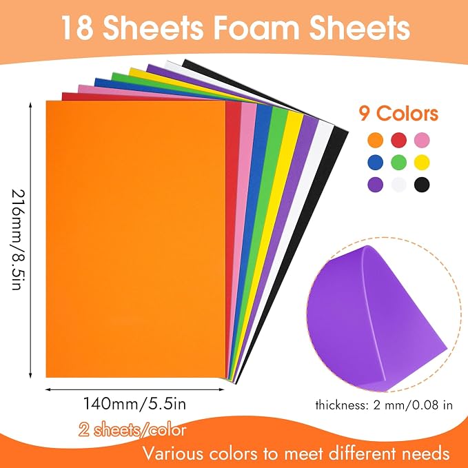 18 Sheets EVA Foam Sheets, 9 Colors 5.5 x 8.5 Inch 2mm Craft Foam | 9 Vibrant