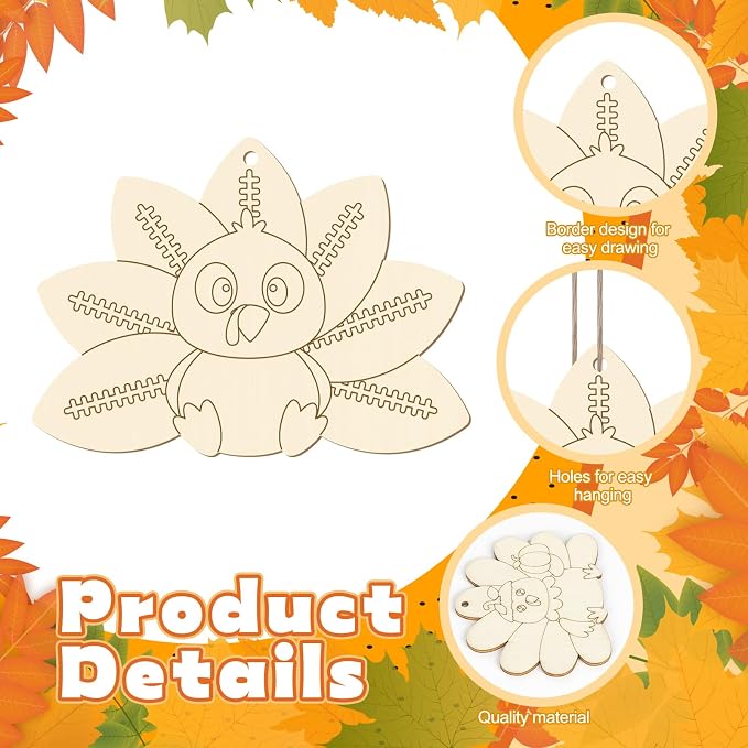 24 PCS Unfinished Wooden Thanksgiving Crafts, Turkey Shaped Hanging Ornaments