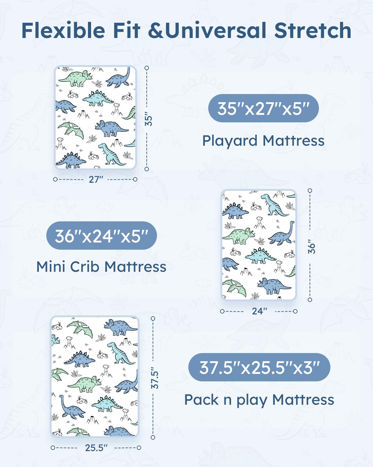 Pack and Play Sheets Fitted 3 Pack, Mini Crib Sheets for Pack N Play Mattress Stretchy Portable Playard Sheets, Soft Breathable Green & Blue Dinosaur
