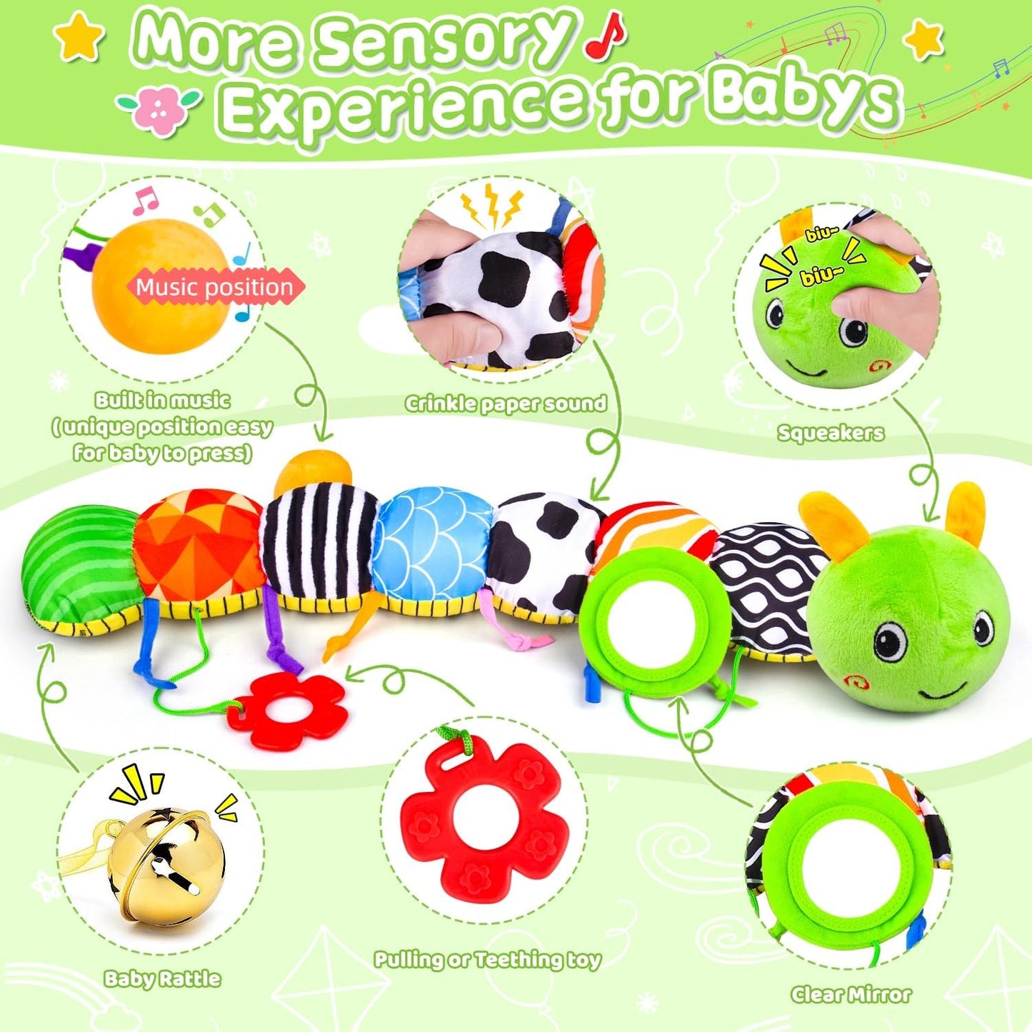 Baby Toys 0-6 6-12 Months, Stuffed Animal Infant Tummy Time Toys Sensory Toys with Crinkle, Rattles, Textures and Mirror Gifts for Newborn Boy Girls Toddlers, Caterpillar Musical Toy (Green)
