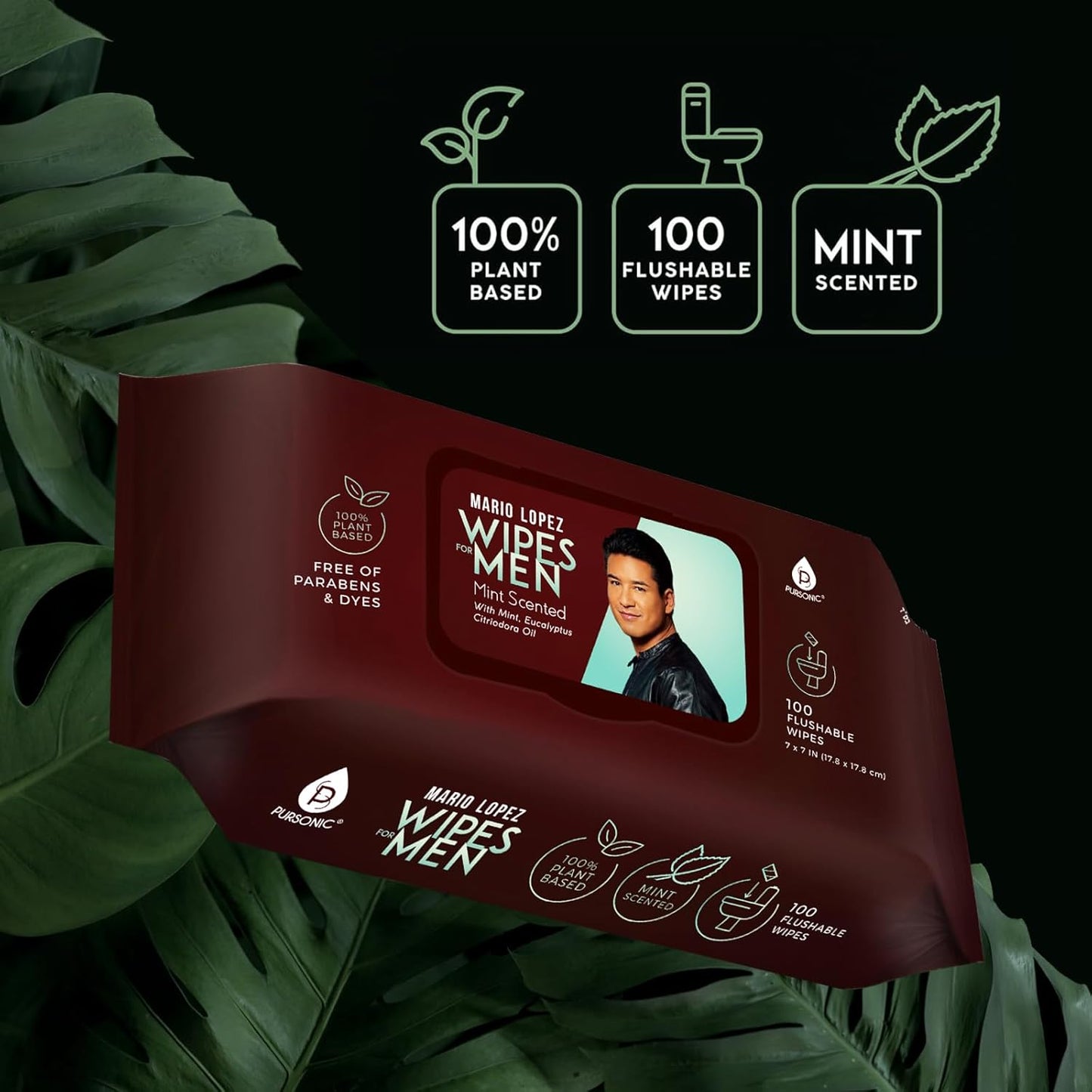 Pursonic Mario Lopez Mint Flushable Wipes for Men - 12 Packs 100Ct(1200 Total) - Plant-Based Face & Body Wipes for Gentle, Refreshing Daily Hygiene