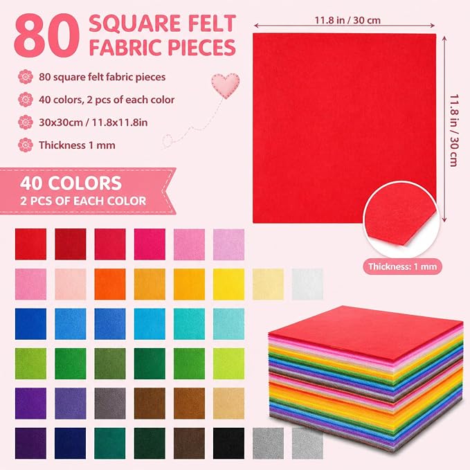 80 PCS Wool Blend Felt Sheets for Crafts 1 mm Thickness, 12 x 12 inches Felt