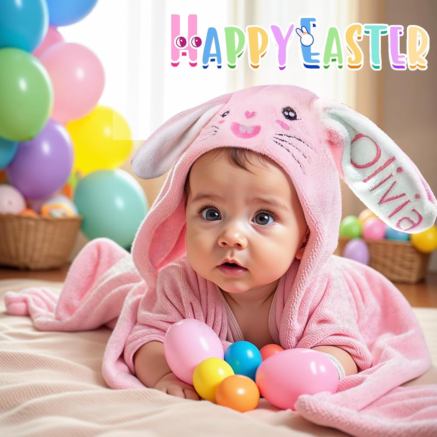 Custom Hooded Baby Towel with Name, Baby Bathrobe for Girls Boys, Personalized Soft Absorbent Bunny Toddler Towel, Easter Brithday for Kids, Baby, Toddler, Newborn Newmom Essential