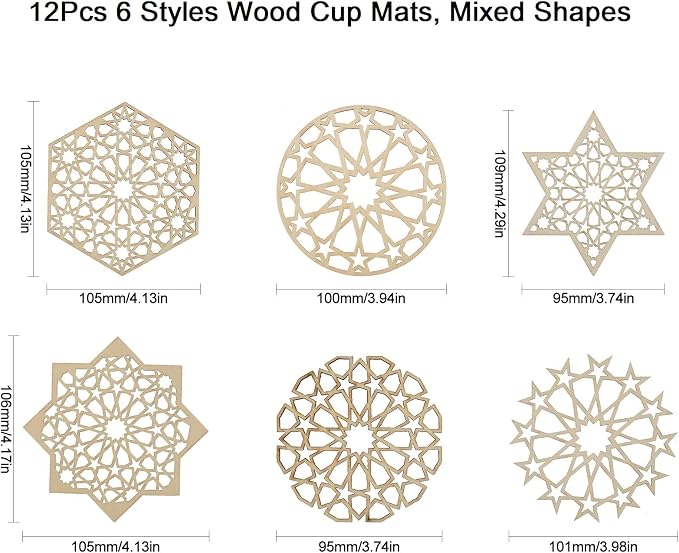 12 pcs 6 Styles Hollow Star Theme Wooden Drink Coasters Snowflake Hexagon