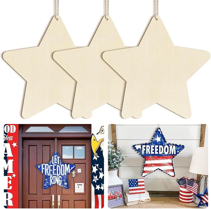 Large Size 12" Wooden Star Ornaments to Paint, Wooden DIY Blank Unfinished 4th