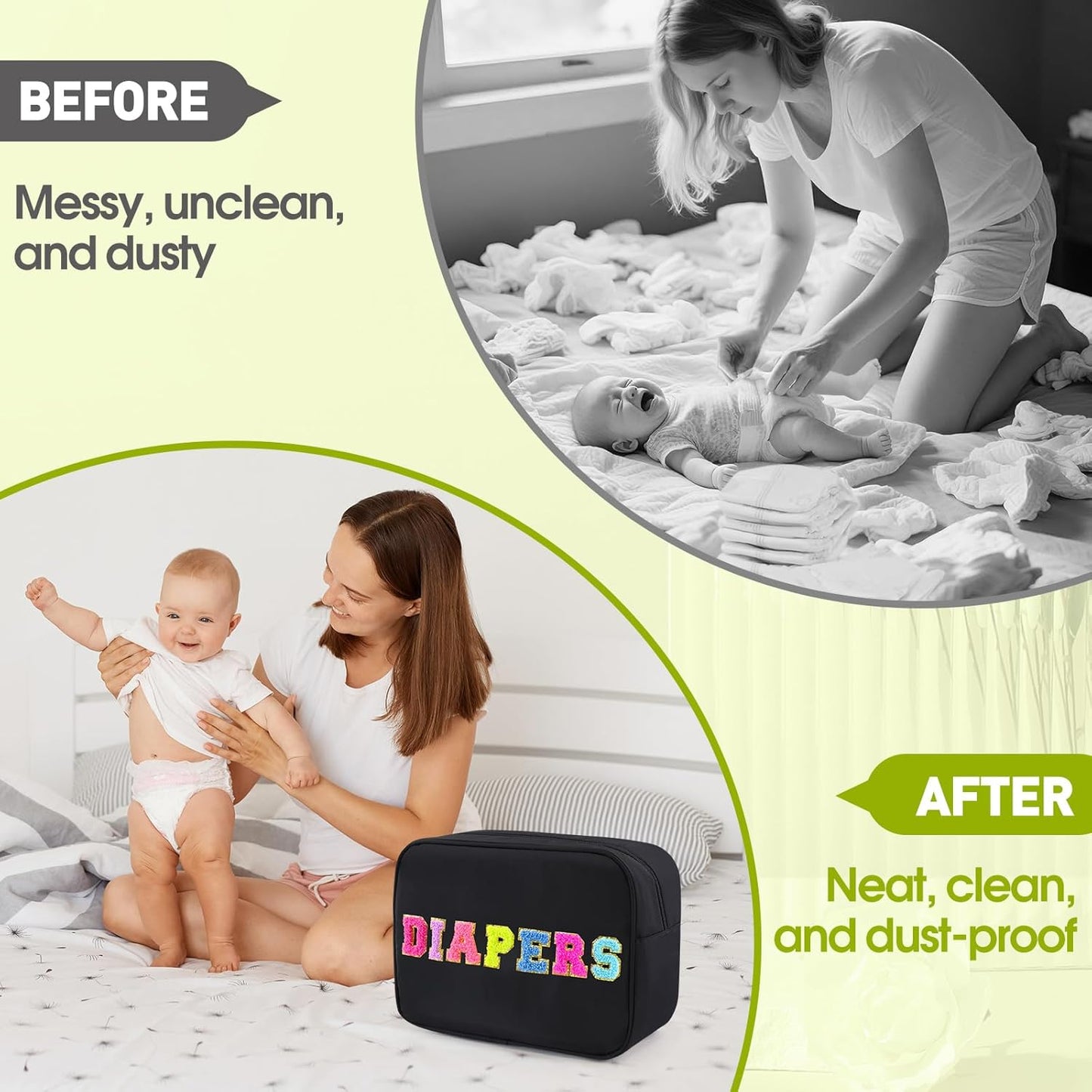 Portable Small Diaper Bag, Chenille Letter Diaper Caddy Organizer Pouch Newborn Baby Essentials Must Haves for Nursery Changing Table, Black Waterproof Diaper Pail Baby Shower Gifts for Mom To Be