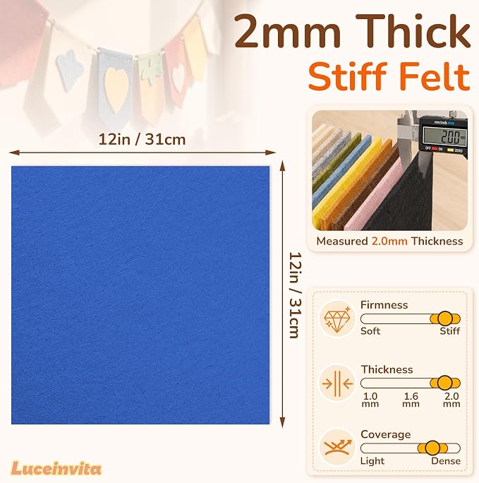 2mm Stiff Felt Sheets 12" X 12" | Thick Polyester Felt Material, DIY Craft