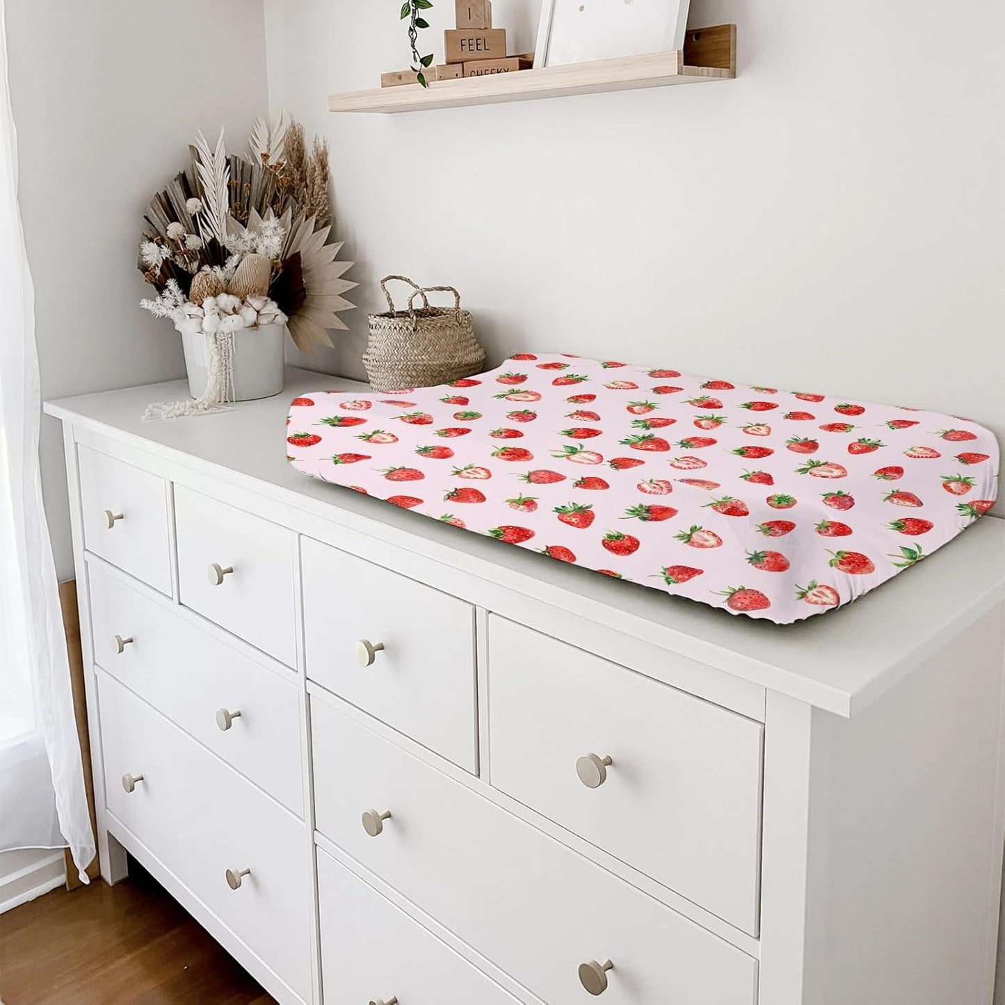 Watercolor Strawberries Changing Pad Covers Cute Strawberry Pink Unisex Diaper Changing Table Sheets for Boys Girls Boho Summer Fruits Soft Breathable Stretchy Baby Change Table Pad Mats 32''x16''
