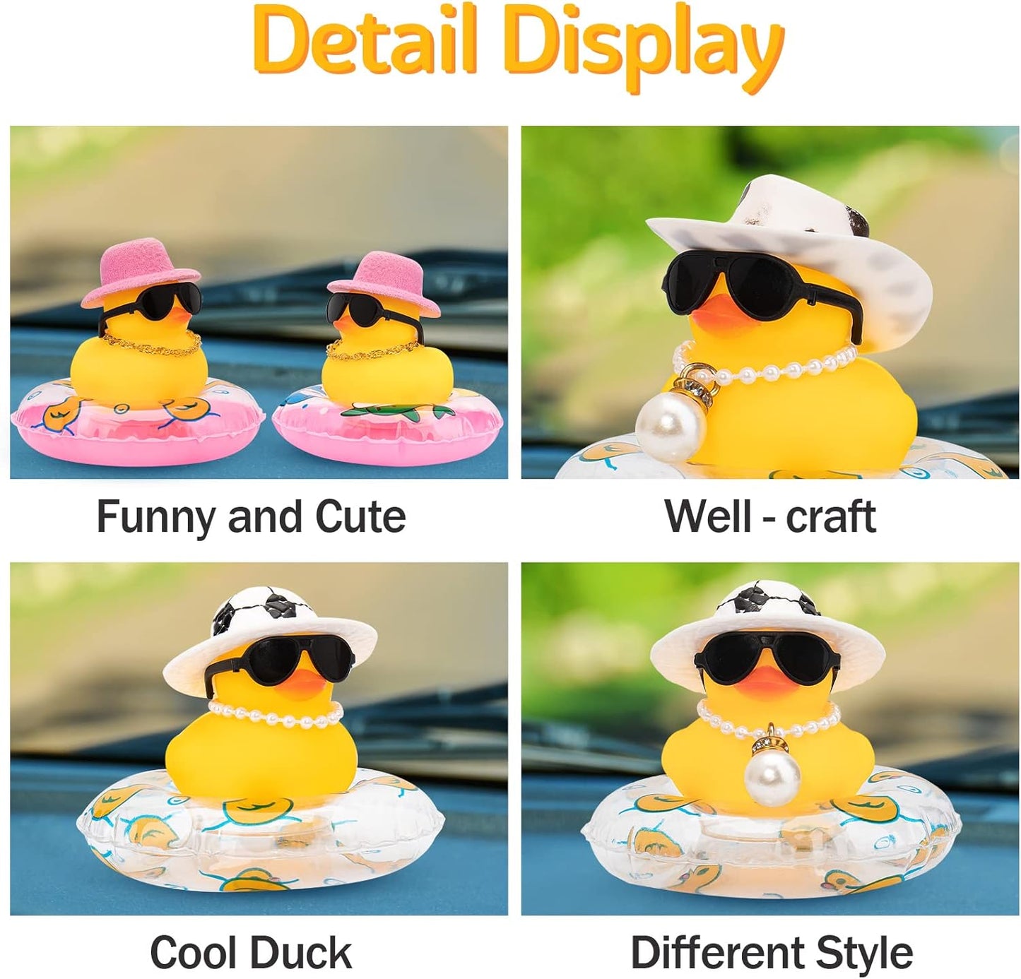 wonuu Car Rubber Duck, Yellow Duck Decoration Dashboard with Sun Hat Swim Ring Necklace Sunglasses for Car Dashboard Decorations, Black White Cowboy Hat-Transparent-Big Pearl