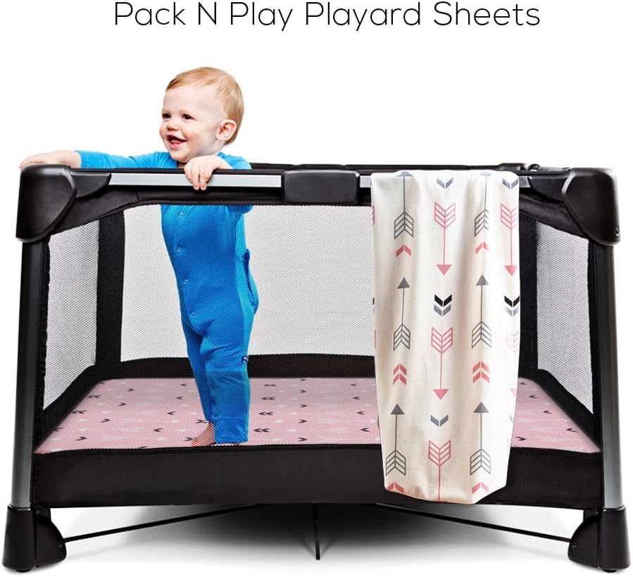 Stretchy Fitted Pack n Play Playard Sheet Set BROLEX 2 Pack Portable Mini Crib Sheets,Convertible Playard Mattress Cover,Ultra Soft Material,Pink White Arrow