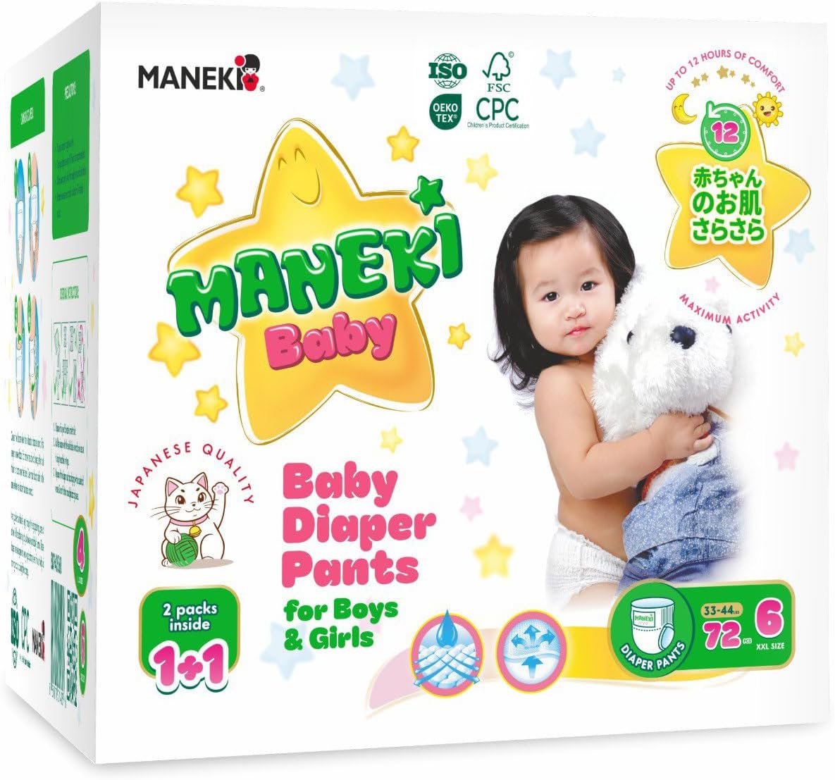 MANEKI Size 6 Diaper Pants, Disposable Baby Diapers Size 6 (33-44 lbs), 72 Count (2 Packs of 36), Pull-Ups Style, Super Absorbent