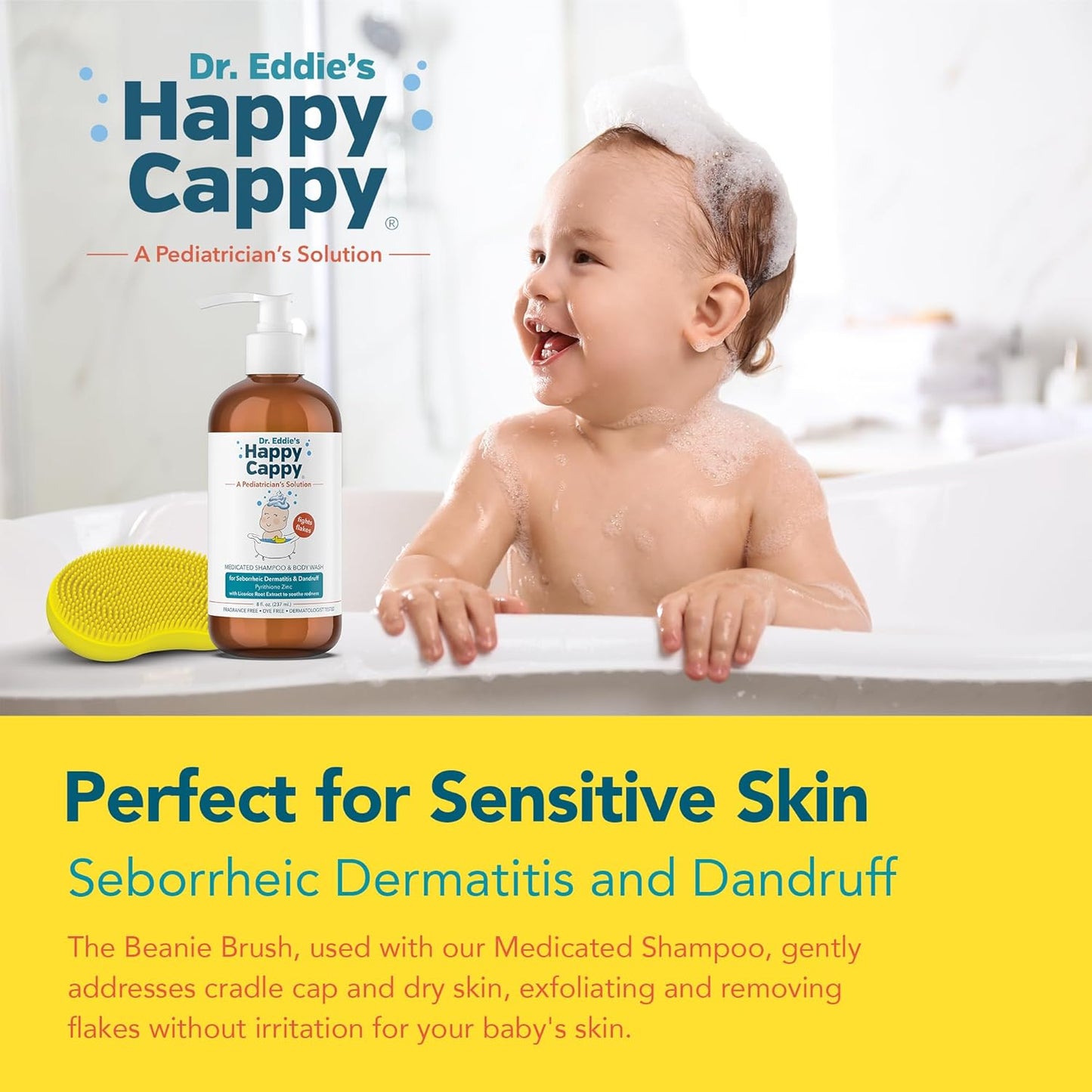 Happy Cappy Cradle Cap Medicated Shampoo and Body Wash with Beanie Brush - Baby Dandruff Shampoo, Helps Infants with Seborrheic Dermatitis, Dermatologist Tested, Fragrance-Free, Gentle Baby Scalp Scrubber - 2 Pieces