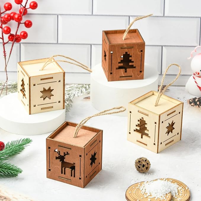 6 pcs 2 Styles Christmas Splicing Theme Undyed Wooden Cutout Charms Square