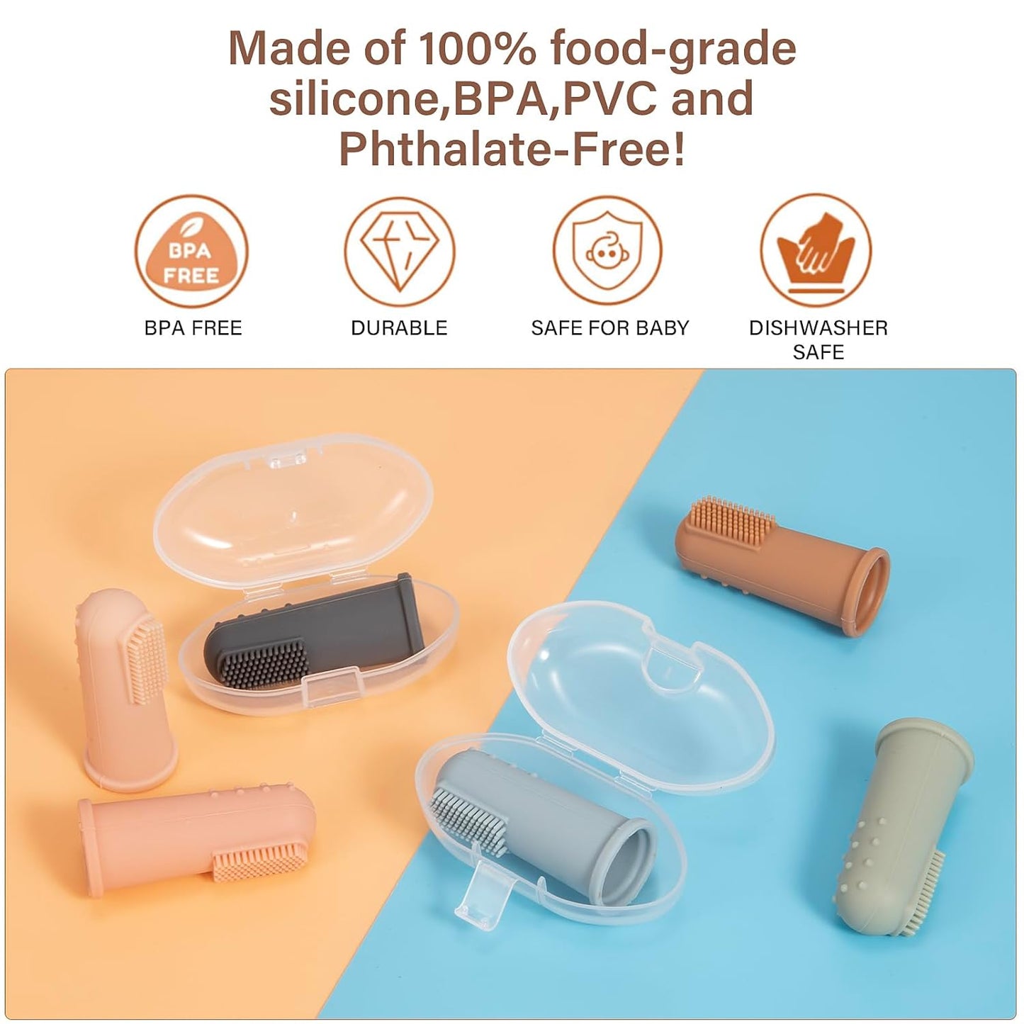 Baby Finger Toothbrush with Case, Food Grade Silicone, BPA Free, 2-Pack (Dusty Lilac+Apricot)
