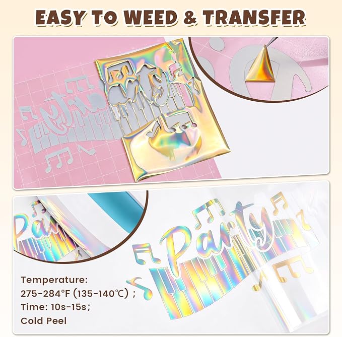 Holographic Gold Metallic Foil Heat Transfer Vinyl, Chrome HTV Easy to Cut &