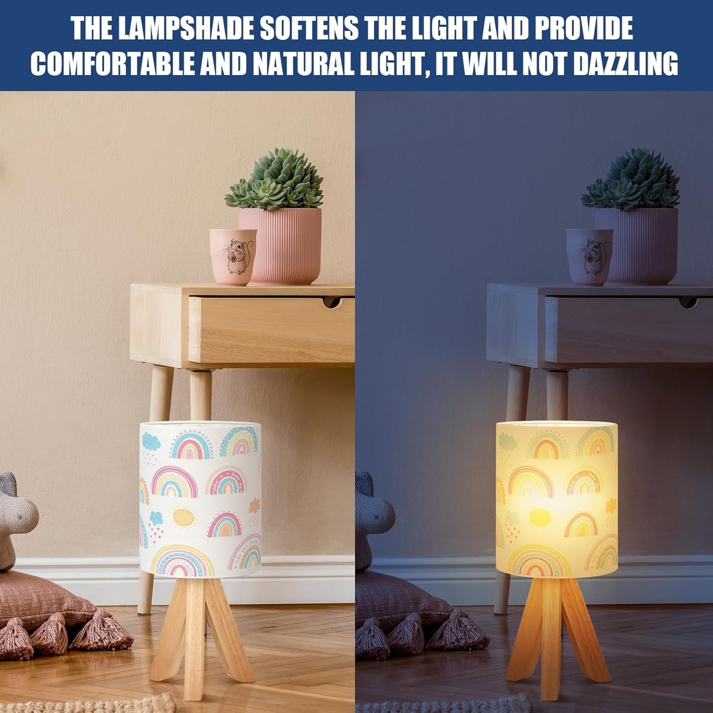 VIHOSE Rainbow Kids Tripod Table Lamp for Bedroom Kids Bedside Lamp with Linen Wooden Nightstand Cartoon Nursery Lampshade for Girls Boys Living Room